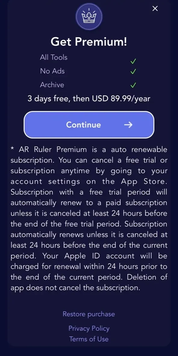 AR Ruler 3d paywall screen
