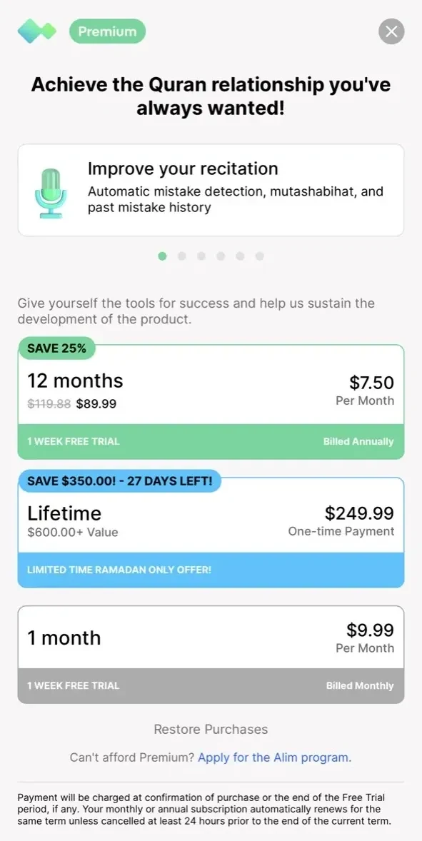 Tarteel ترتيل paywall screen