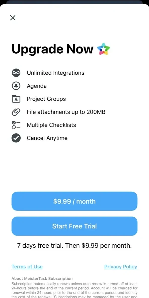 MeisterTask paywall screen