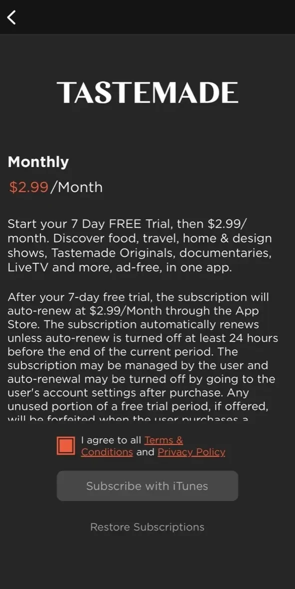 Tastemade paywall screen