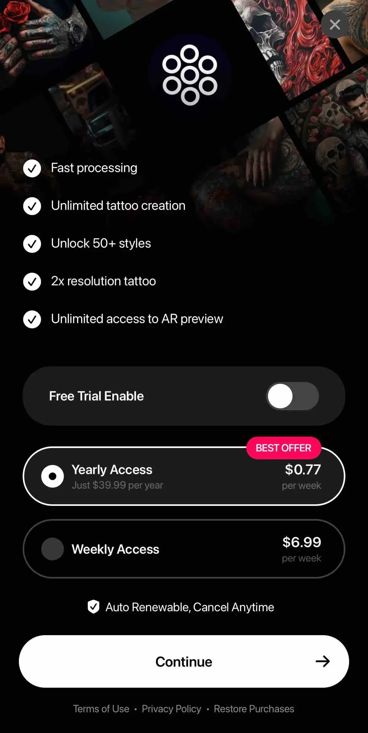 Tattoo AI paywall screen