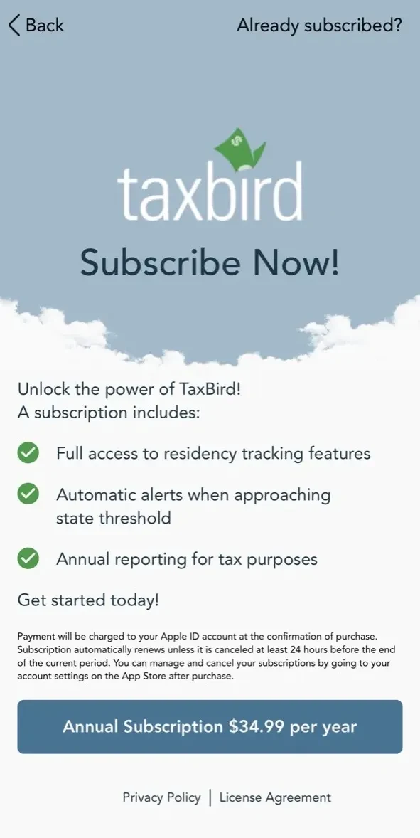 TaxBird paywall screen