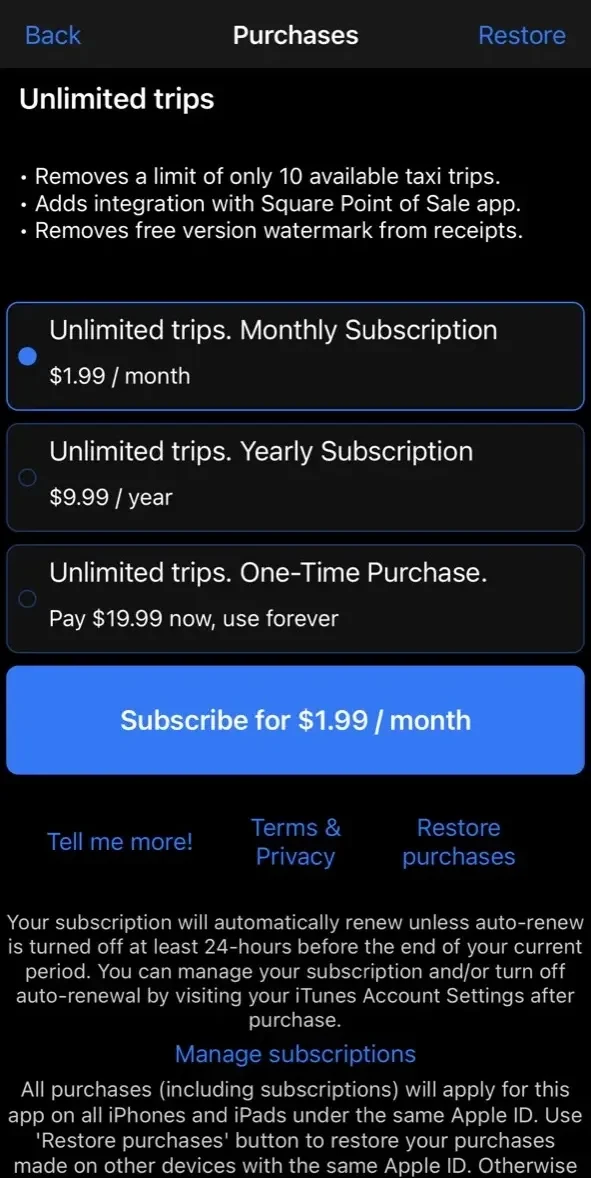 Taximeter. GPS taxi cab meter. paywall screen