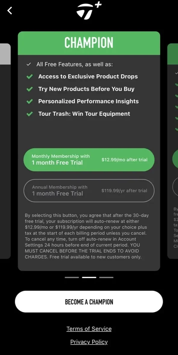 TaylorMade Golf paywall screen