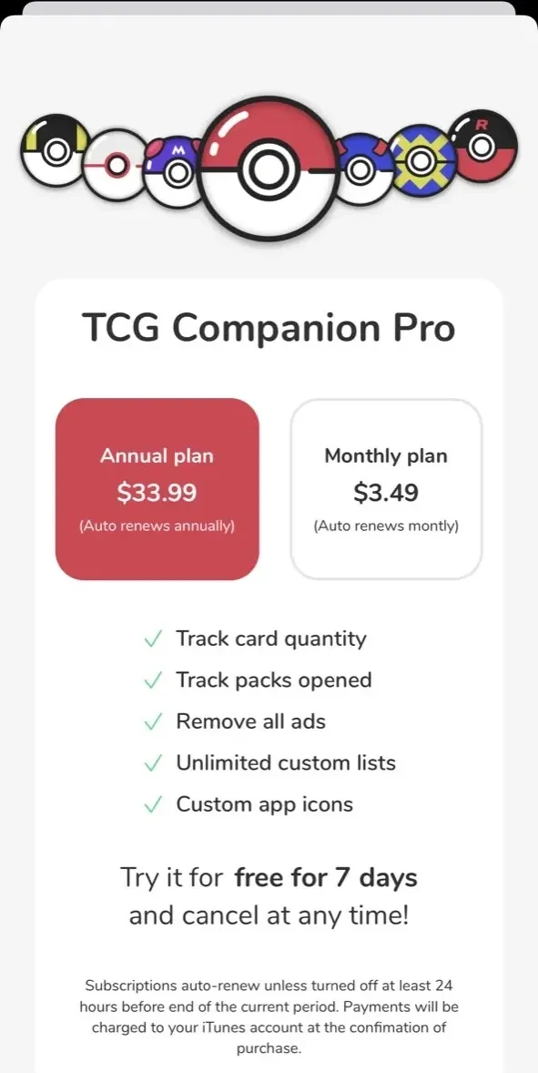 TCG Companion paywall screen