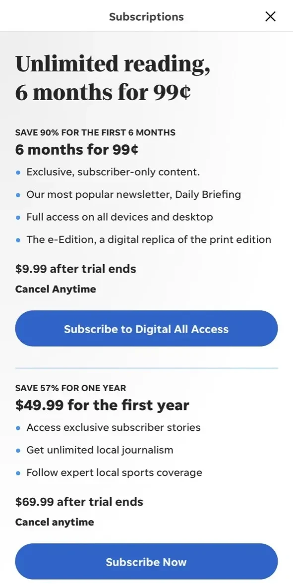 TCPalm paywall screen