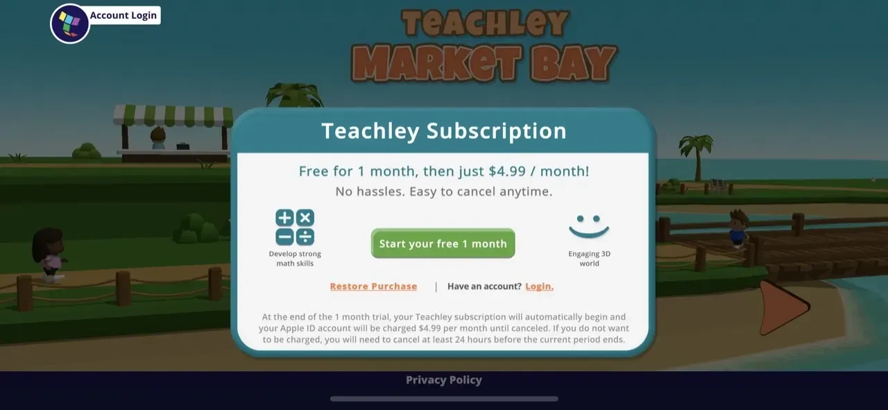 Teachley Market Bay paywall screen