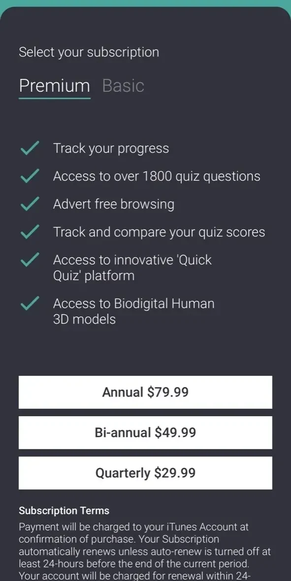 TeachMe Anatomy paywall screen