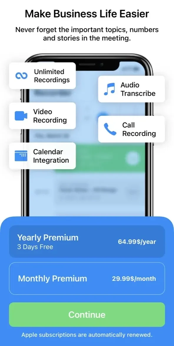 Teams Meeting Voice Recorder paywall screen