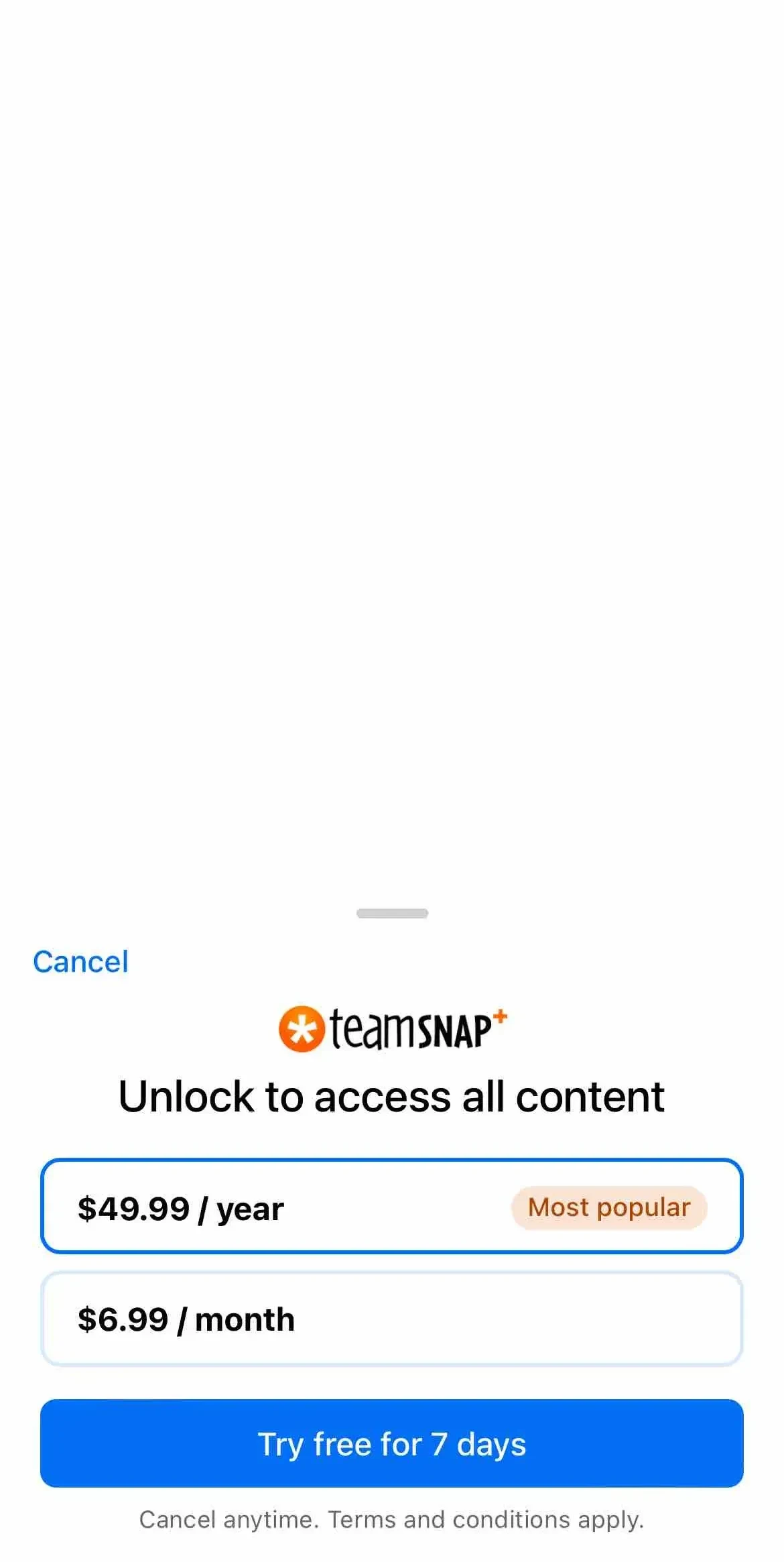 TeamSnap paywall screen