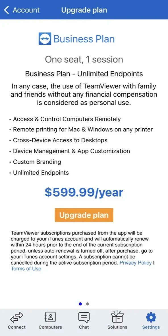 TeamViewer Remote Control paywall screen