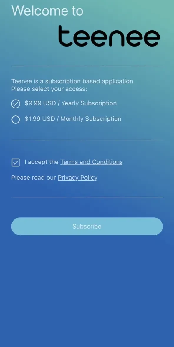 Teenee paywall screen