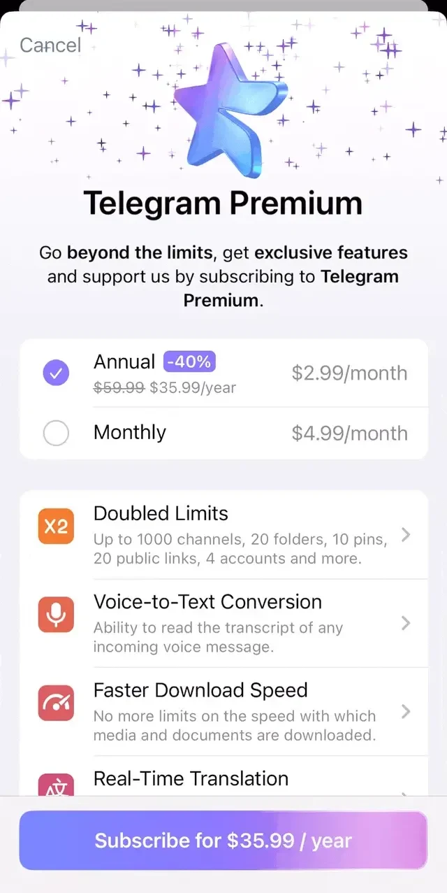 Telegram Messenger paywall screen