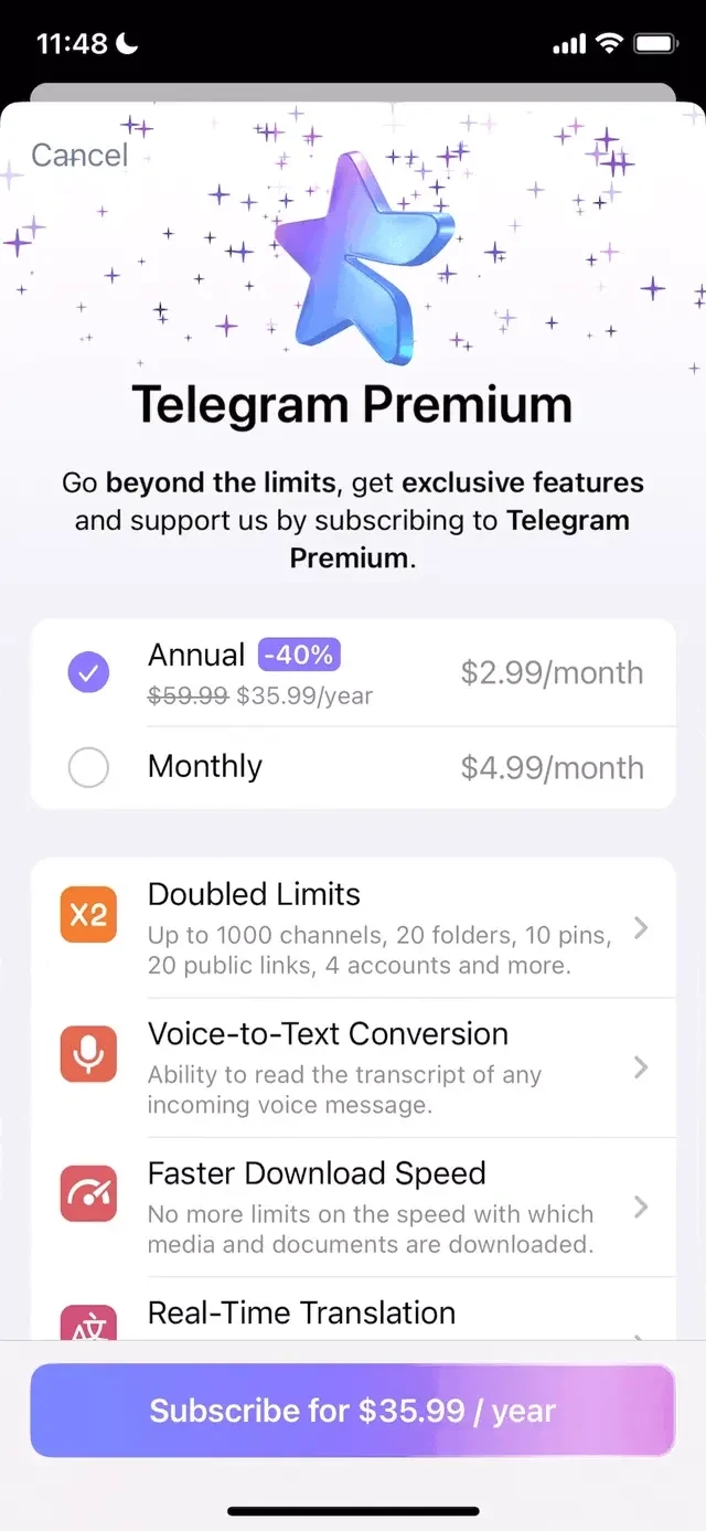 Telegram Messenger paywall screen