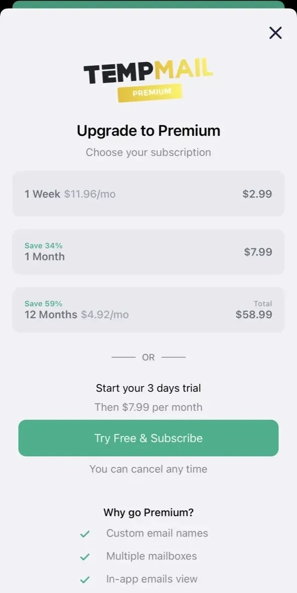 Temp Mail paywall screen