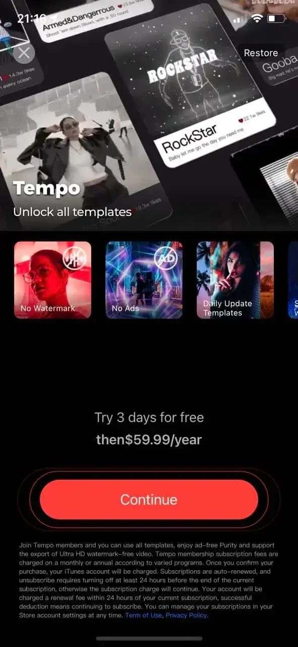 Tempo paywall screen