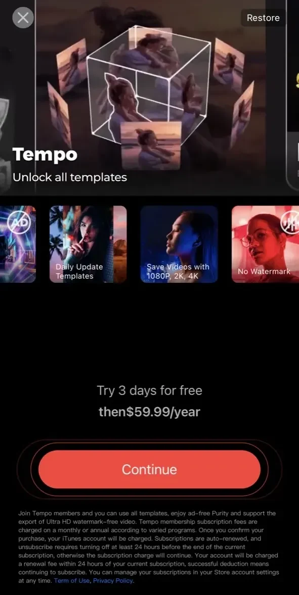 Tempo paywall screen