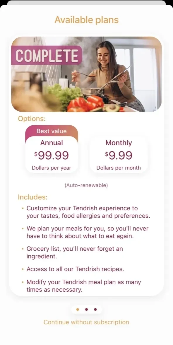 Tendrish paywall screen