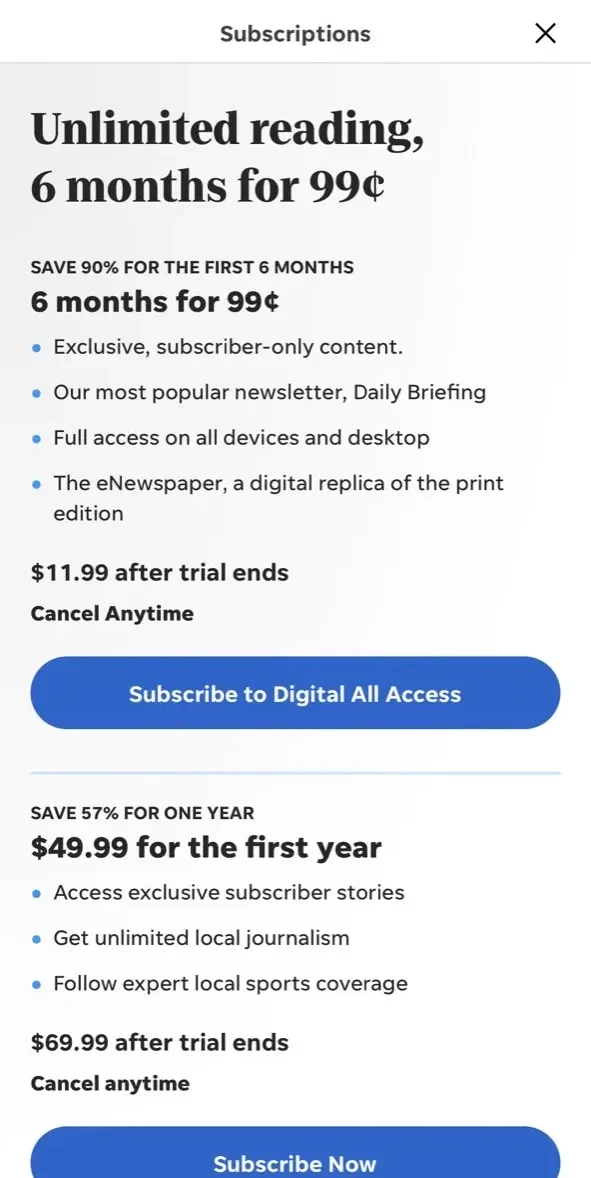 Tennessean paywall screen