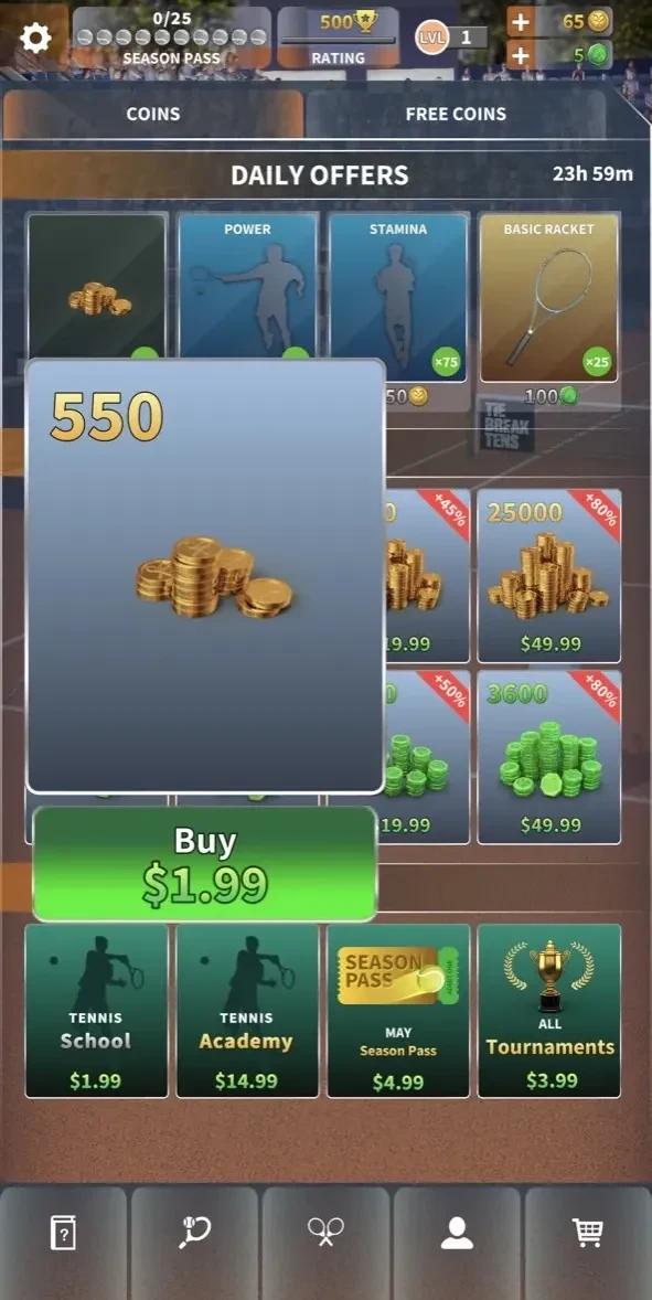 Tennis Arena paywall screen