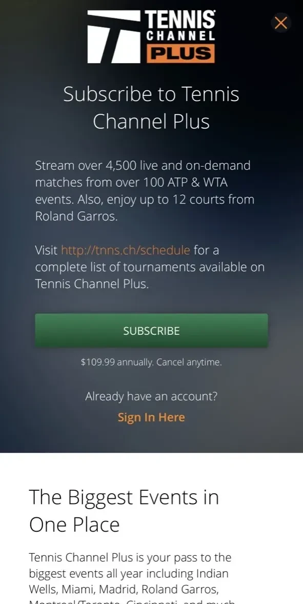 Tennis Channel+ paywall screen