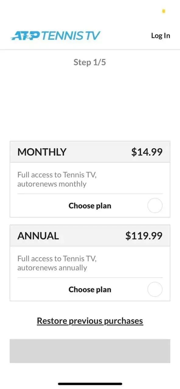 Tennis TV paywall screen