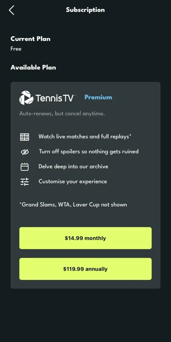 Tennis TV paywall screen