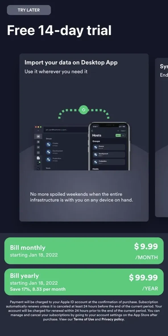 Termius paywall screen