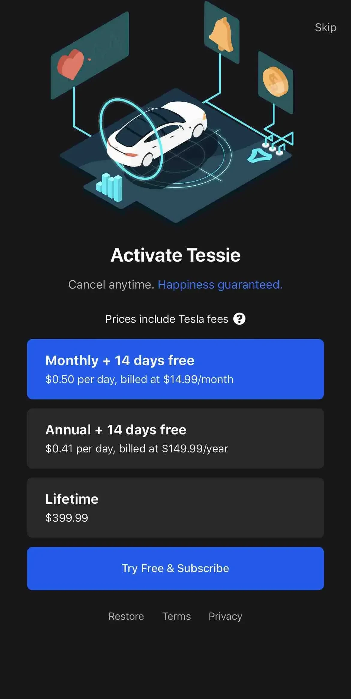 Tessie paywall screen