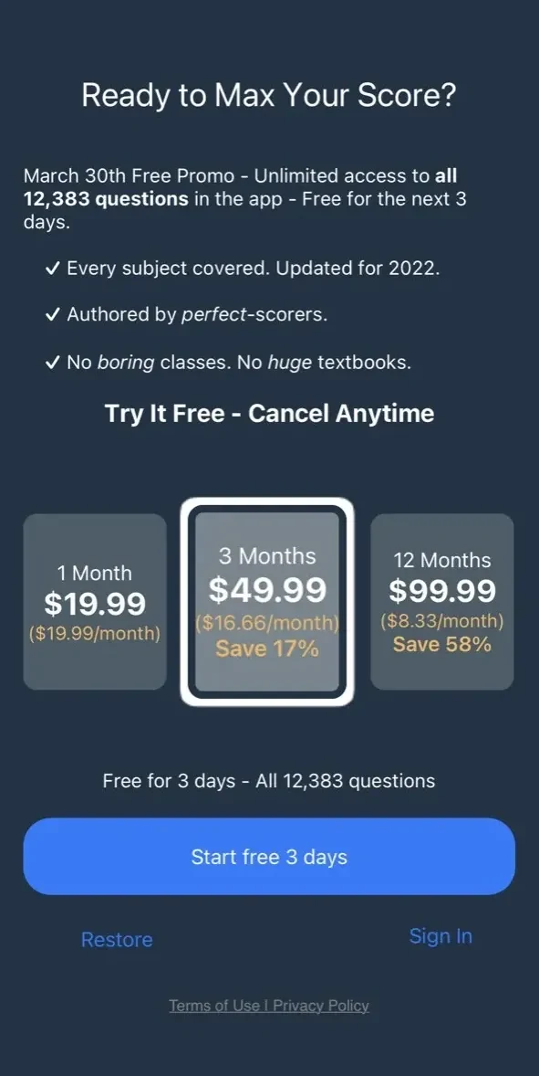 TestBank paywall screen