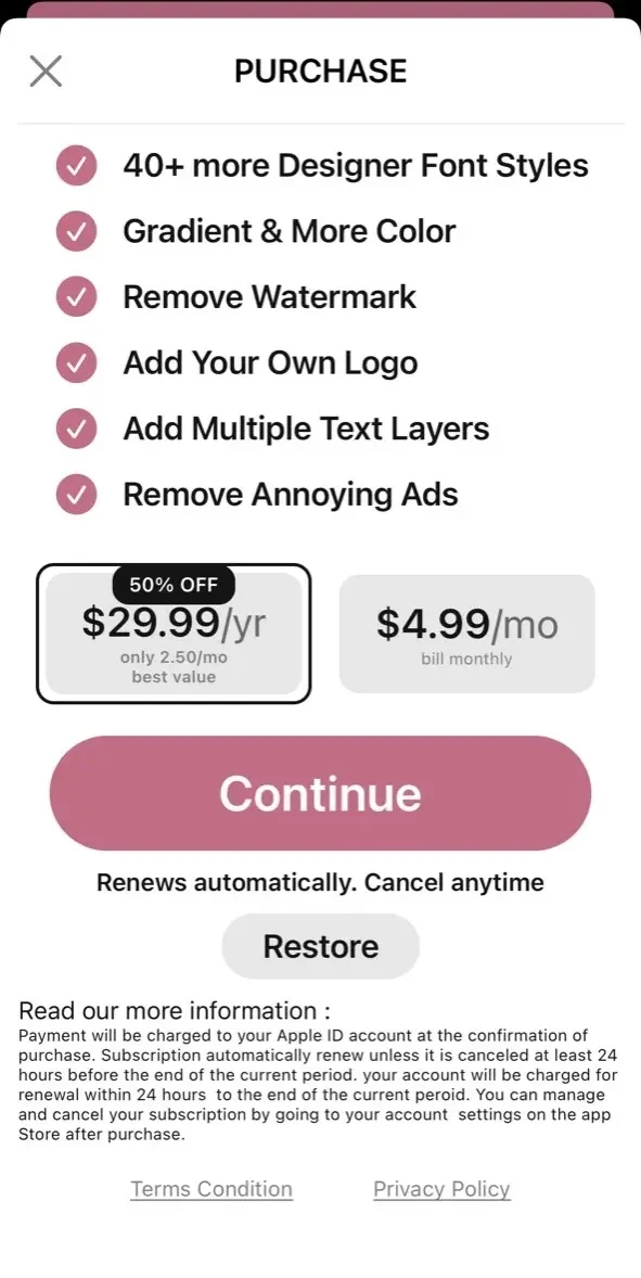 Text Art paywall screen