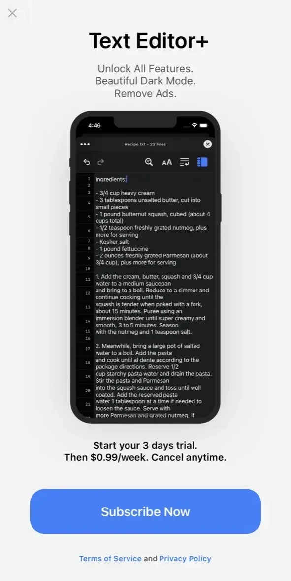 Text Editor paywall screen