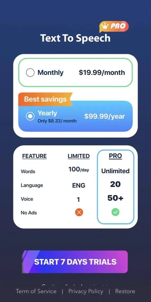 Text To Speech paywall screen
