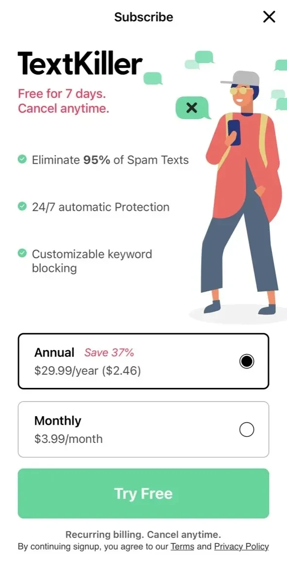 Textkiller paywall screen