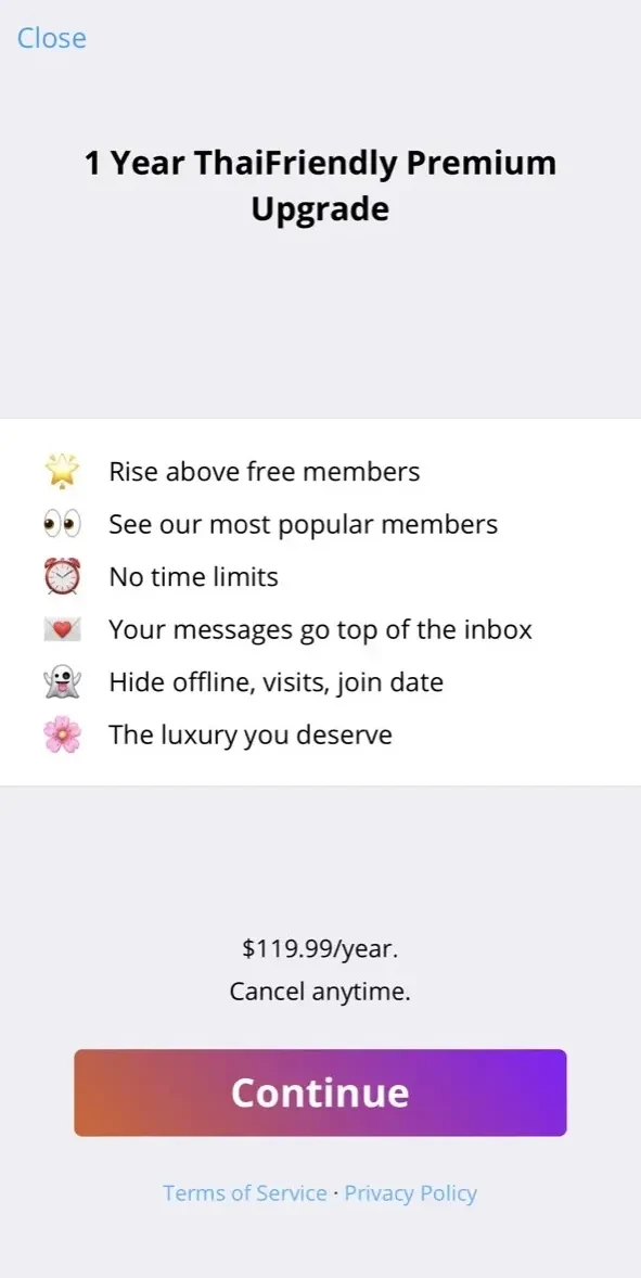 ThaiFriendly Dating paywall screen