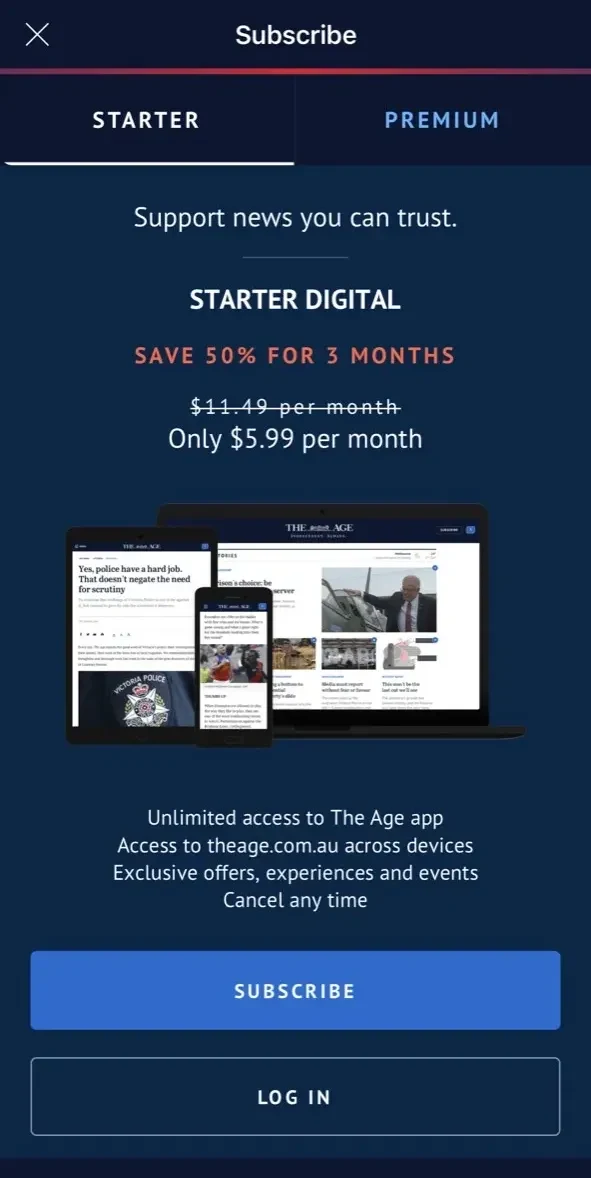 The Age paywall screen