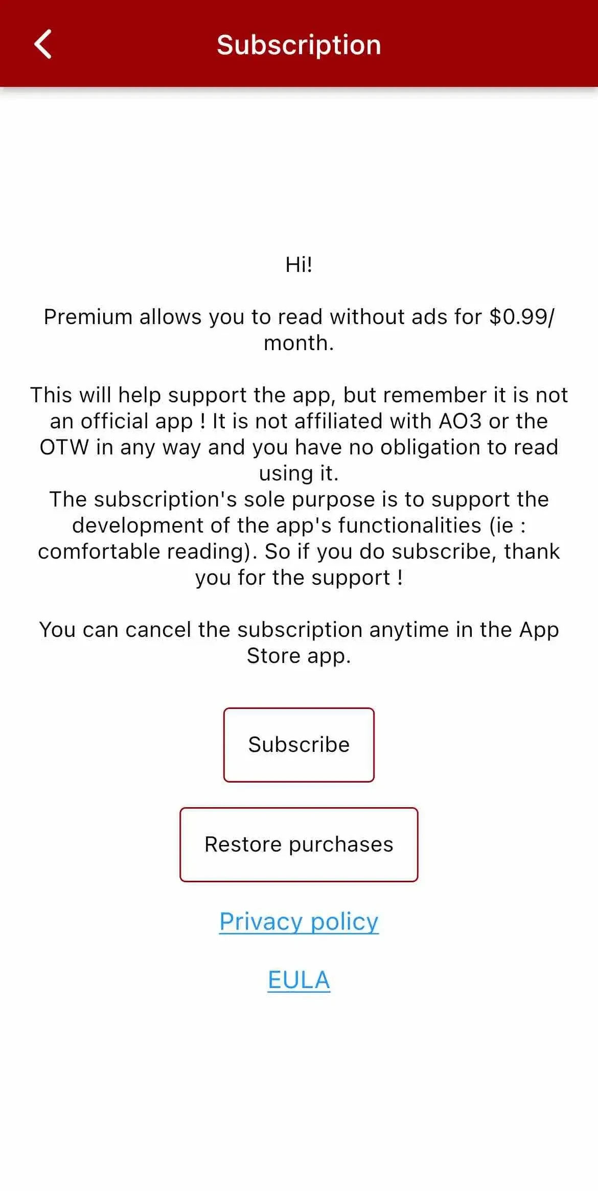 The Archive Reader paywall screen