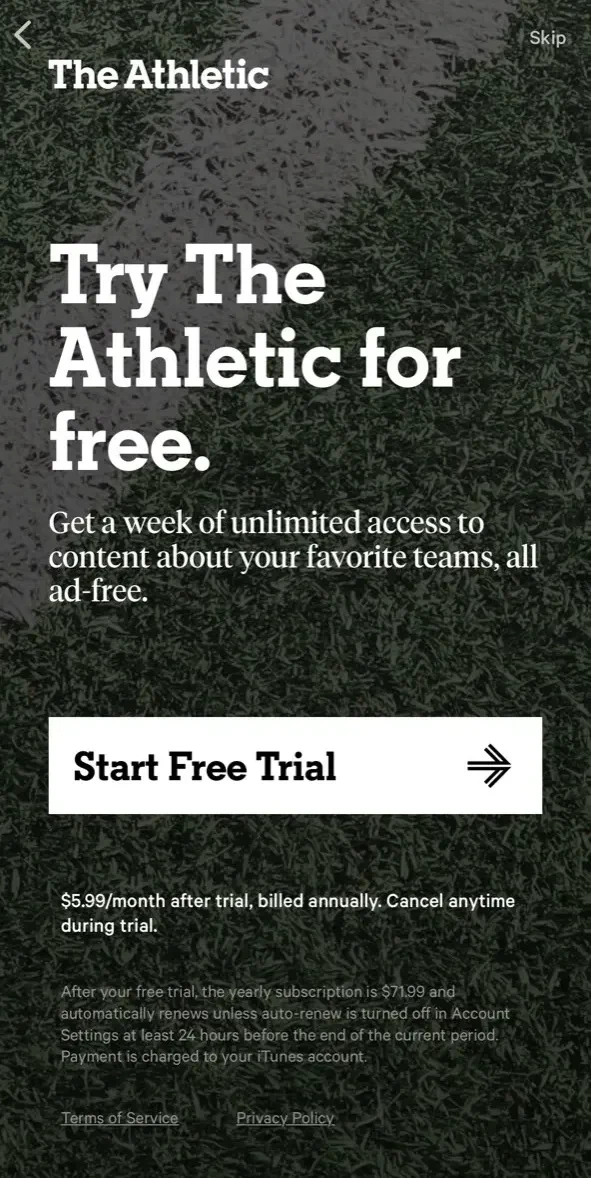 The Athletic paywall screen