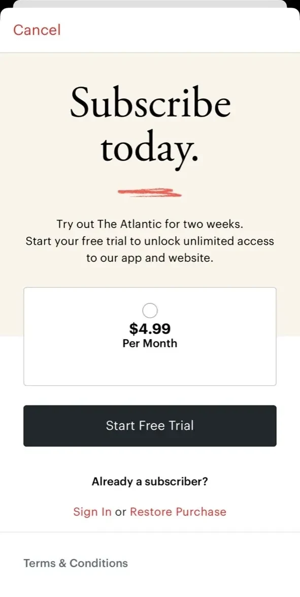 The Atlantic Magazine paywall screen