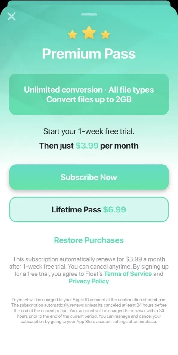The Audio Converter paywall screen
