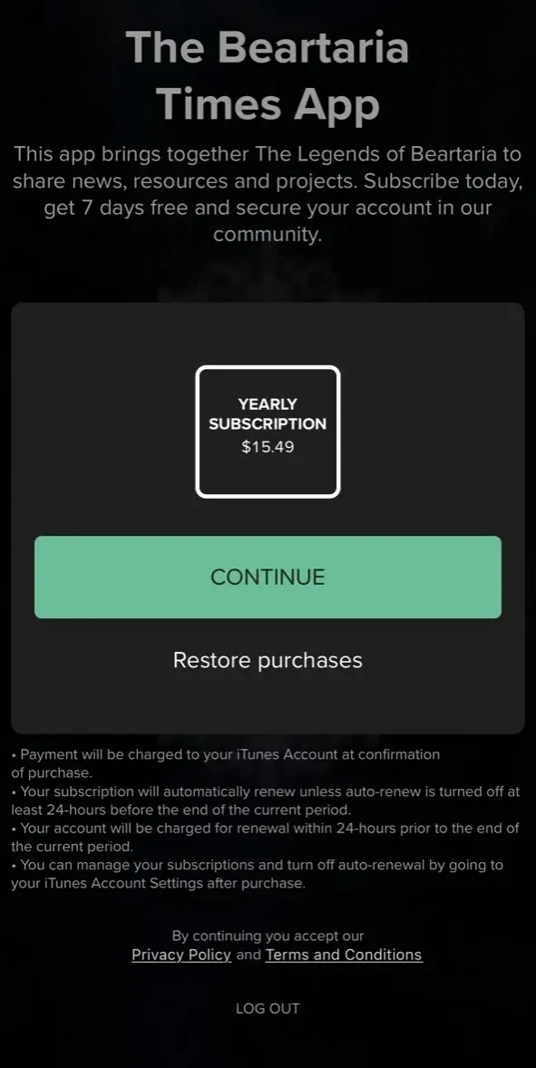 The Beartaria Times paywall screen
