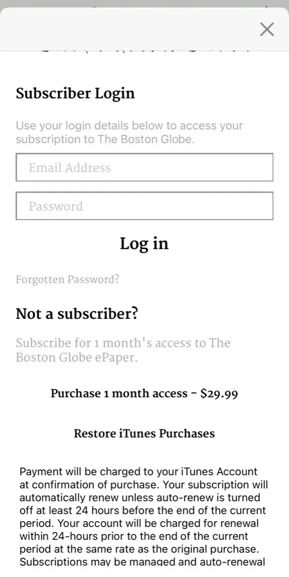 The Boston Globe ePaper paywall screen