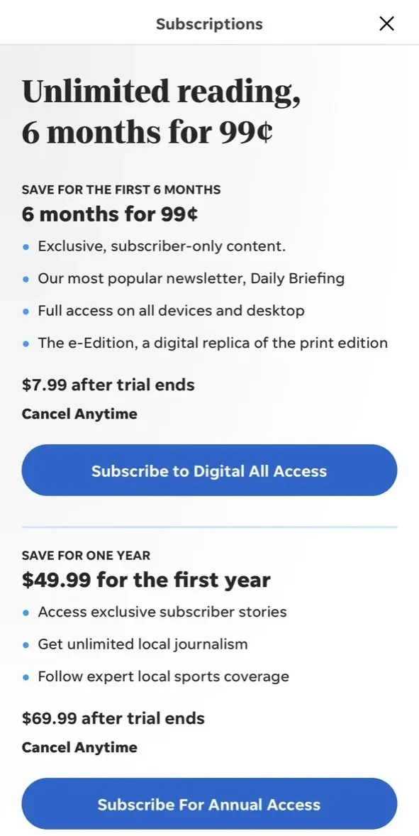 The Bulletin paywall screen