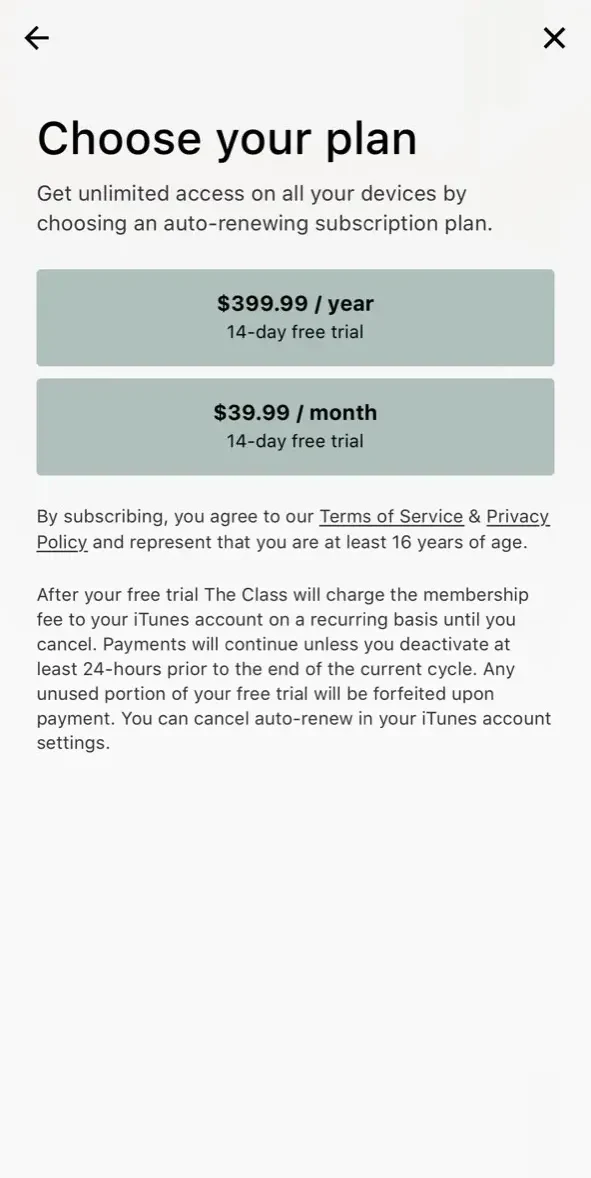 The Class paywall screen