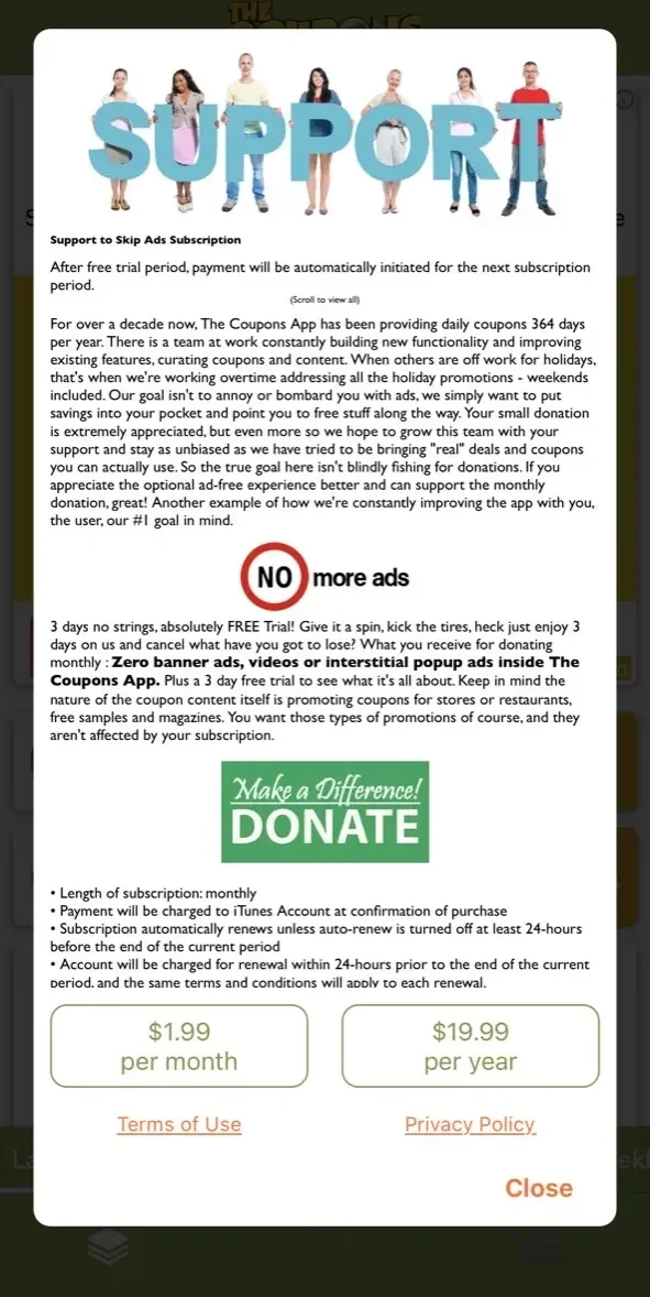 The Coupons App paywall screen