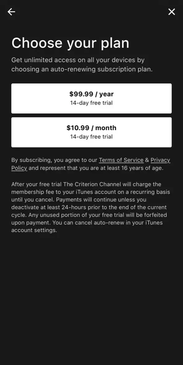 The Criterion Channel paywall screen