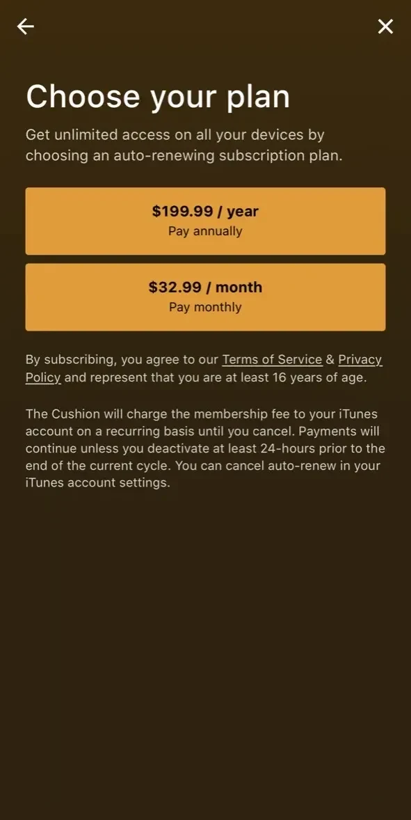 The Cushion paywall screen