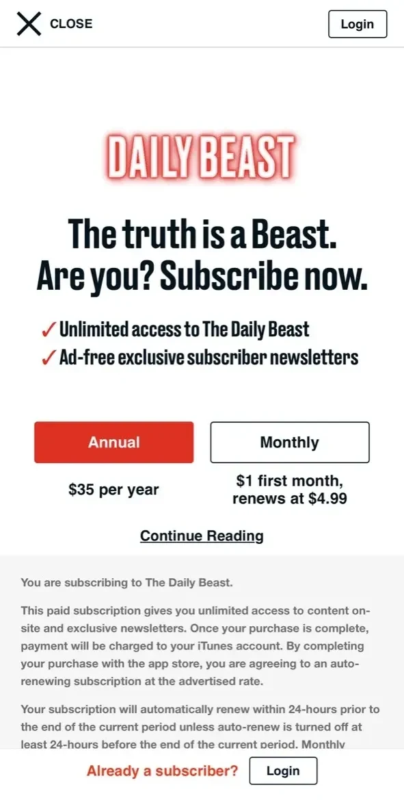 The Daily Beast App paywall screen