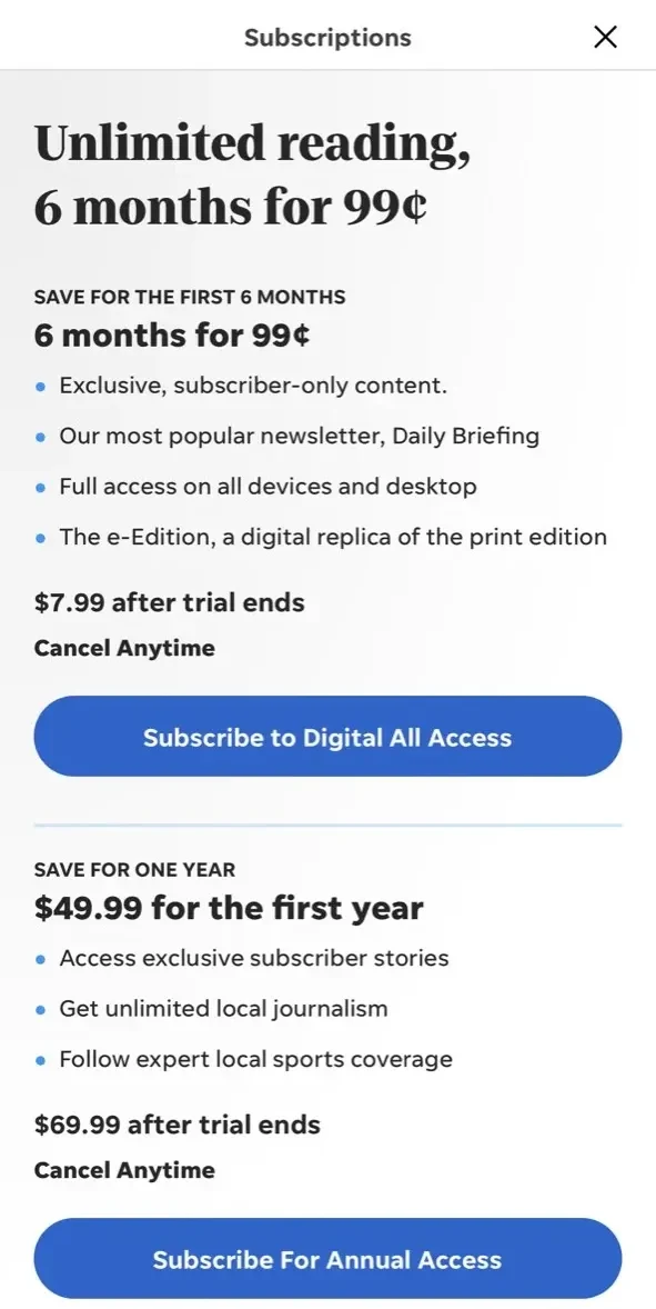 The Daily Record paywall screen