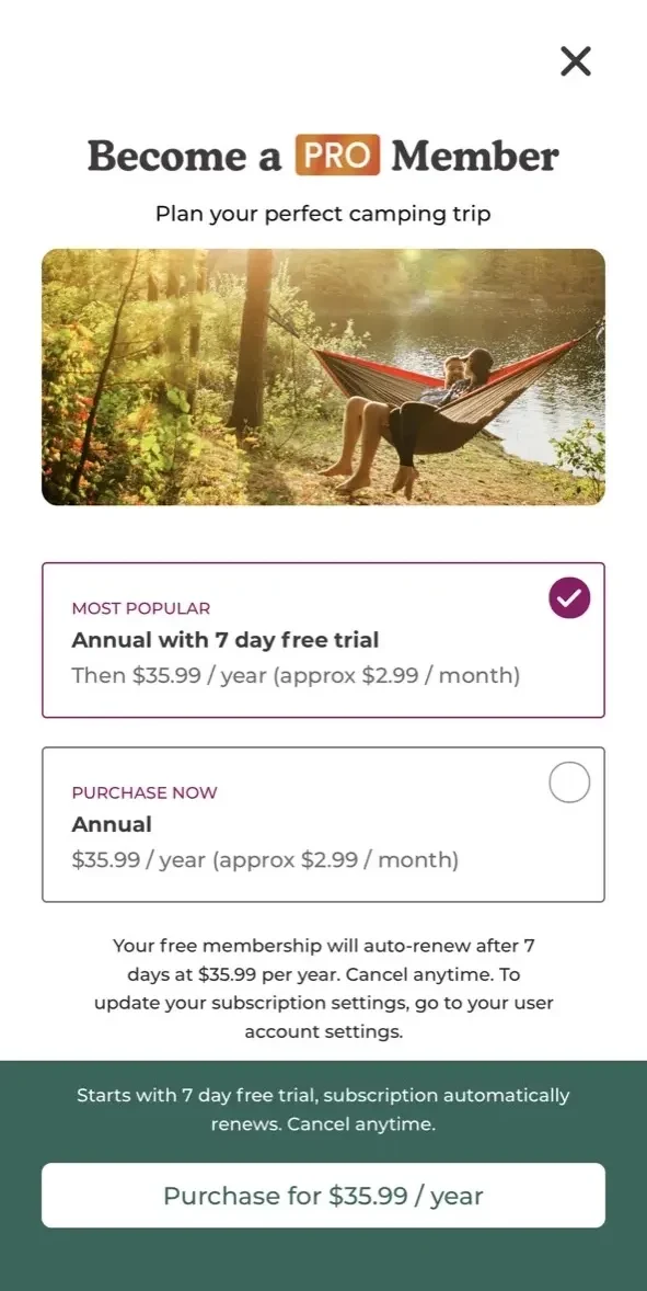 The Dyrt paywall screen